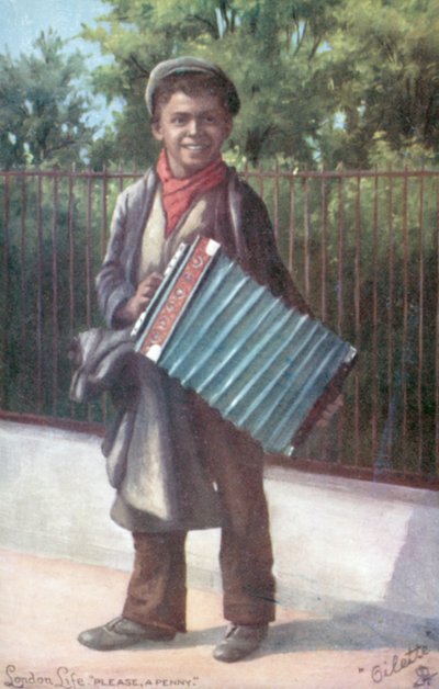 Boy playing an accordion by English School