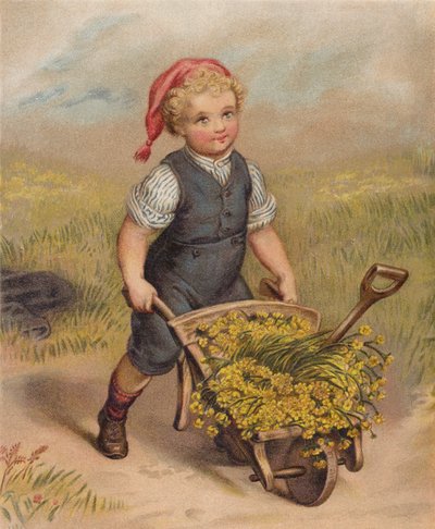 Boy Pushing a Wheelbarrow Full of Flowers by English School