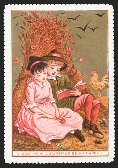 Boy reading book to Girl in field by English School