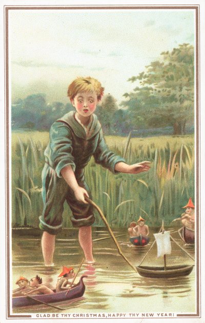 Boy sailing boat and watching Pixies, Christmas Card by English School