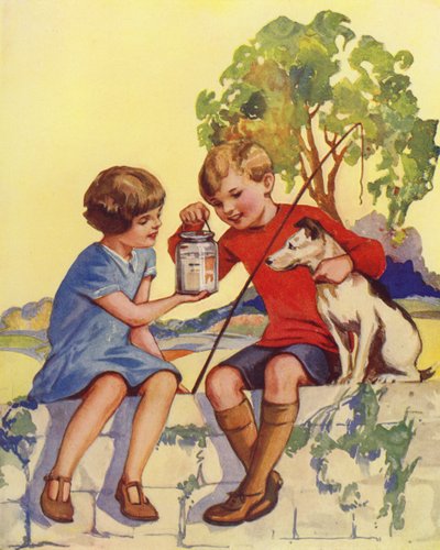 Boy showing off the five small fish he has caught by English School