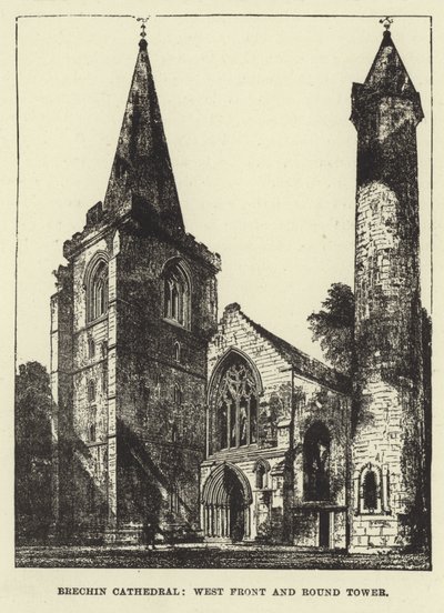 Brechin Cathedral, West Front and Round Tower by English School