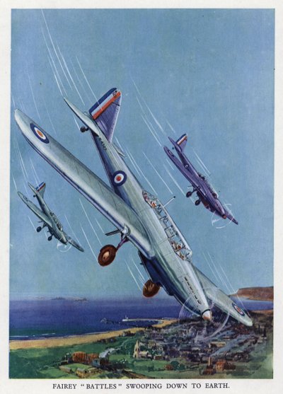 British Fairey Battle light bombers diving towards the ground by English School