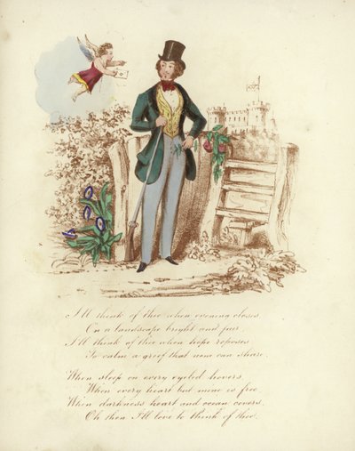 Valentine card with an image of a cherub delivering a Valentine card to a man by English School
