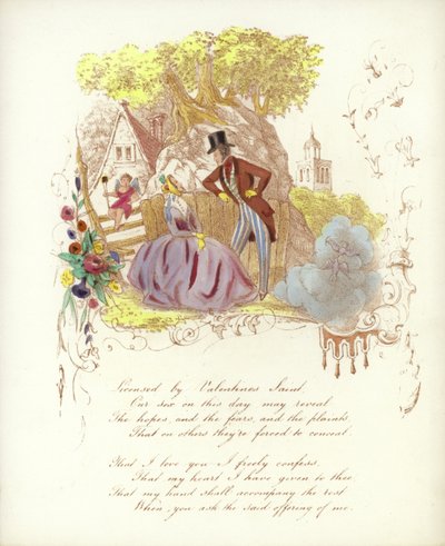 Valentine card with an image of a man and a woman in a garden with a cherub by English School