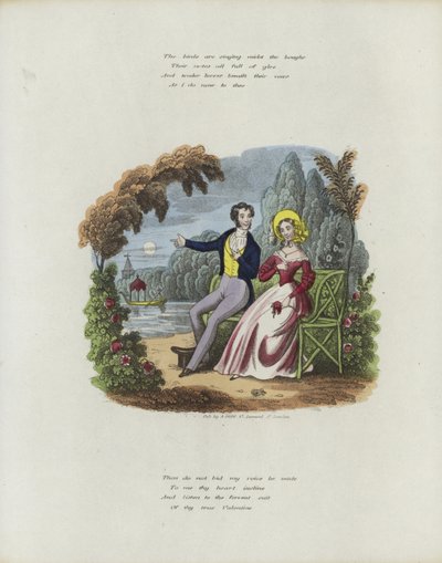 Valentine card with an image of a man and a woman sitting in a garden by English School