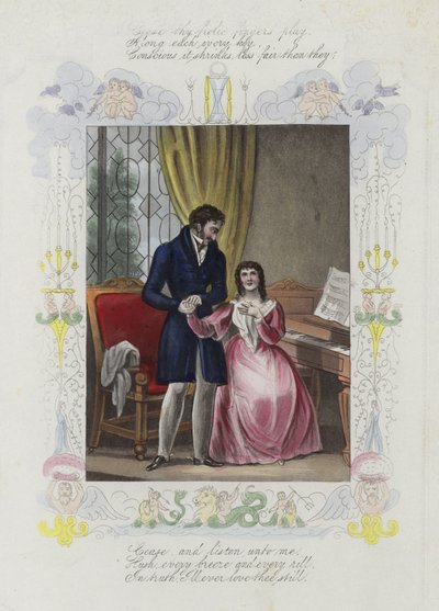 Valentine card with an image of a man holding the hand of a woman by English School