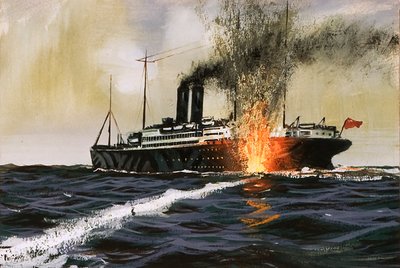 British Ship Being Hit by a Torpedo by English School