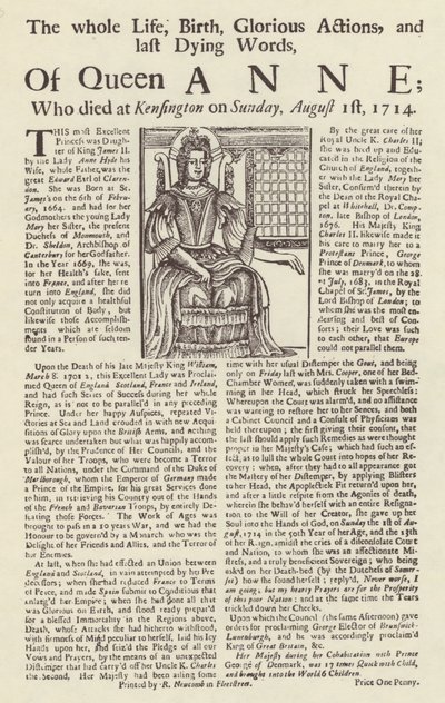 Broadside Published on the Death of Queen Anne by English School
