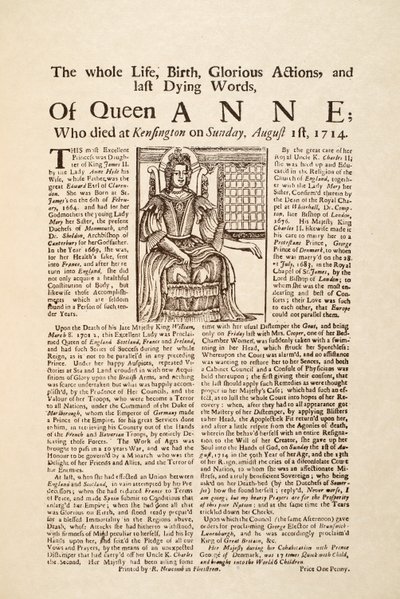 Broadside published on the death of Queen Anne, on Sunday 1st August 1714 by English School