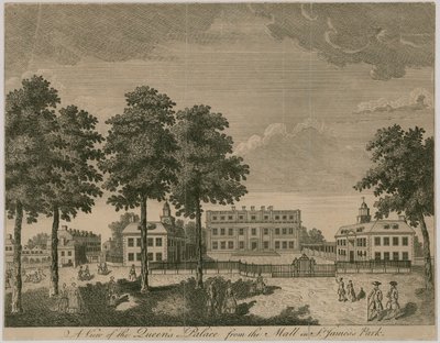 Buckingham House, A view of the Queens Palace from the Mall in St Jamess Park by English School