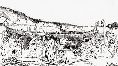 Building the ships for the Norman invasion of England by William the Conqueror by English School