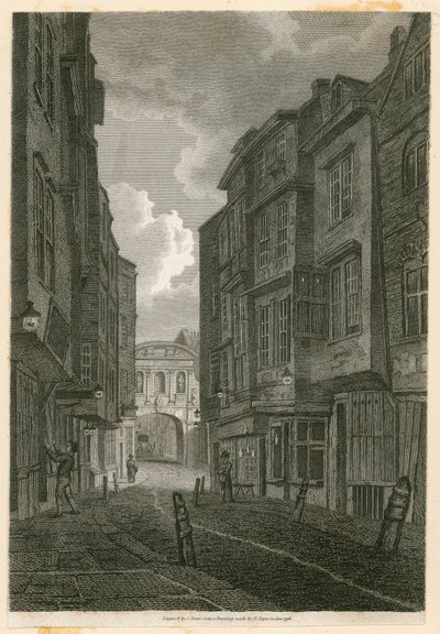 Butcher Row, looking from Temple Bar, based on a drawing by Edward Dayes, 9 June 1796 by English School