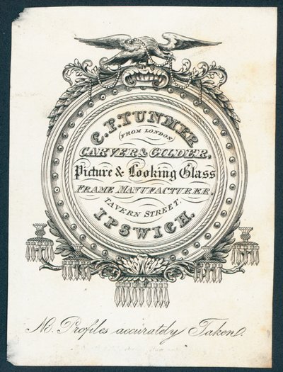 C F Tunmer, carver and gilder, picture and looking glass frame manufacturer, trade card by English School