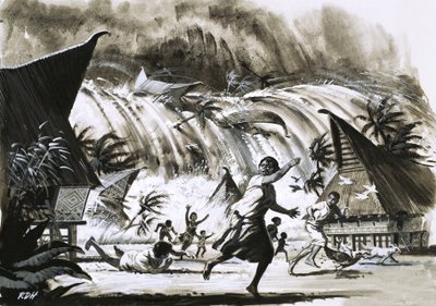 Calamity at Krakatoa. A tidal wave bearing down on a village by English School