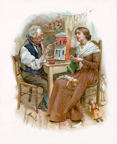 Caleb painting the front of a desirable mansion, from the Cricket and the Hearth by English School