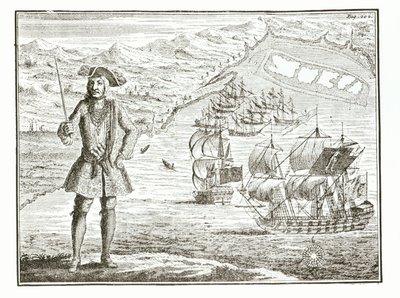 Captain Bartholomew Roberts with two ships, the Royal Fortune and Ranger takes sail in Whydah Road on the coast of Guiney, January 11th 172?, from A General History of the Robberies and Murders of the most Notorious Pyrates by English School