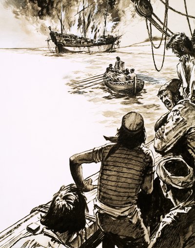 Captain Juan Sebastian del Cano burns one of his ships by English School