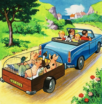 Car pulling a trailer of farmyard animals by English School