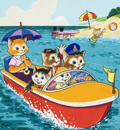 Cat Family in Motorboat by English School
