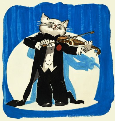 Cat in tuxedo playing a violin by English School