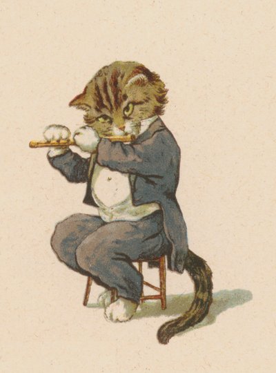 Cat playing flute by English School