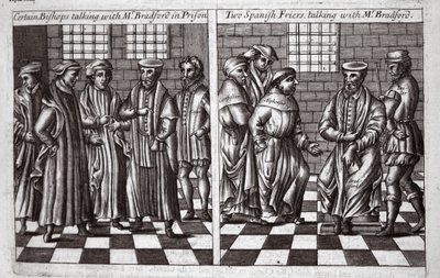 Certain Bishops talking with Mr. Bradford in prison, and Two Spanish Friars talking with Mr. Bradford, illustration from Acts and Monuments by John Foxe, ninth edition, published 1684 by English School