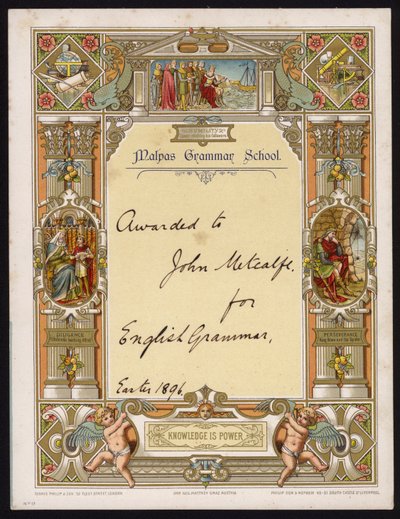 Certificate for English Grammar Awarded to a Pupil of Malpas Grammar School, Cheshire by English School