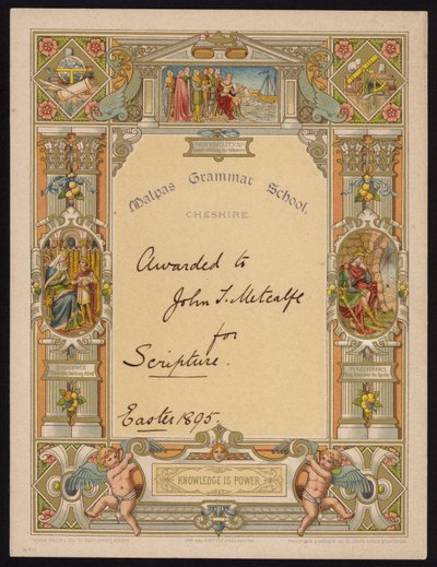Certificate for Scripture Awarded to a Pupil of Malpas Grammar School, Cheshire by English School