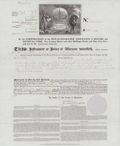 Certificate of fire insurance issued by the Royal Exchange Assurance Corporation for a house in Wilmslow, Buckinghamshire by English School