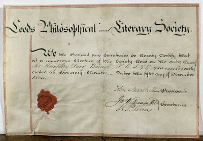 Certificate of Honorary Membership for Sir Humphry Davy to the Leeds Philosophical and Literary Society, 5th December 1823 by English School