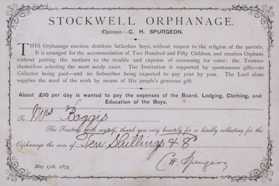 Certificate of thanks for a donation to the Stockwell Orphanage, London, 1874 by English School