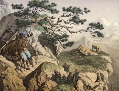 Chamois hunters of the Alps, one carrying an Ibex, a chamois lying dead, near it a fawn, in the foreground some marmots by English School