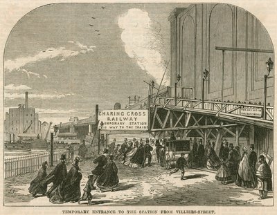 Charing Cross Station, London: The temporary entrance to the station from Villiers Street by English School
