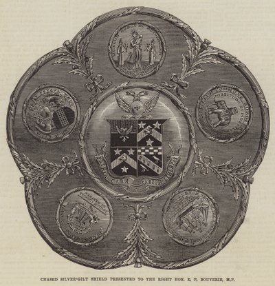 Chased Silver-Gilt Shield presented to the Right Honourable E P Bouverie, MP by English School