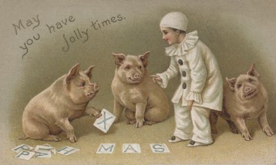 Child in a Pierrot Costume with Three Pigs, Christmas Card by English School