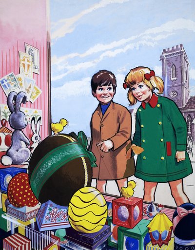 Children admiring an Easter display by English School