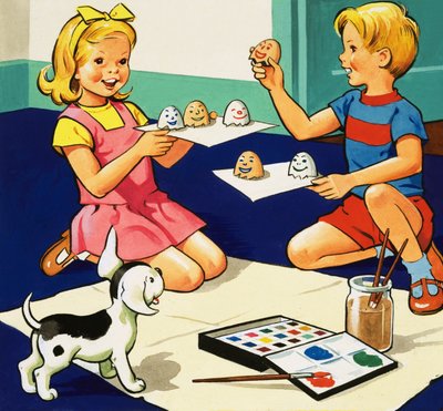 Children Painting Eggs by English School