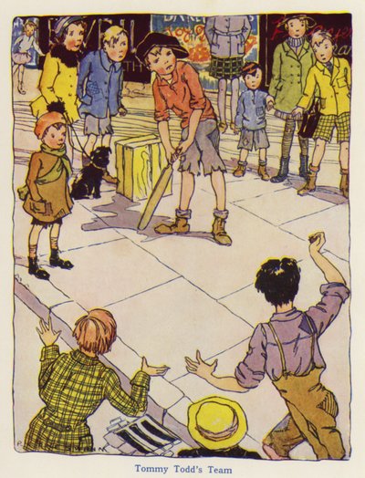 Children Playing Cricket in the Street by English School