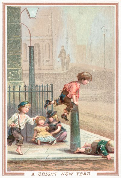 Children playing leap-frog in the street by English School