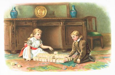 Children Playing with Building Blocks on Floor by English School