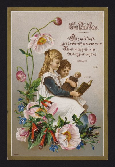 Children reading a book, New Year greetings card, late 19th or early 20th Century by English School