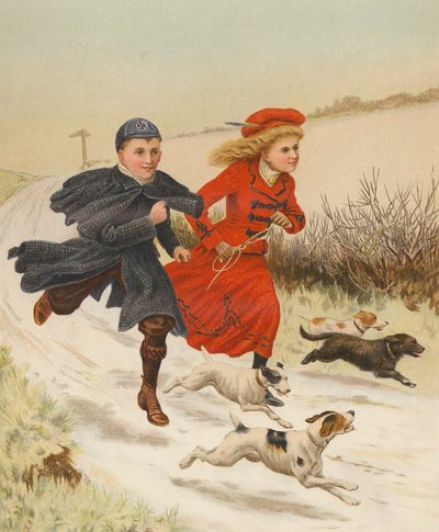 Children Running with Dogs Along a Snowy Road by English School