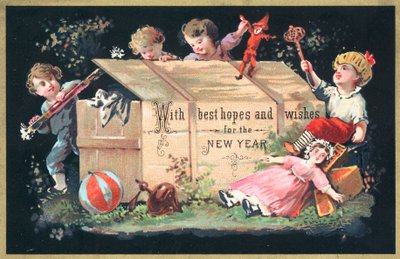Children taking toys out of wooden chest by English School