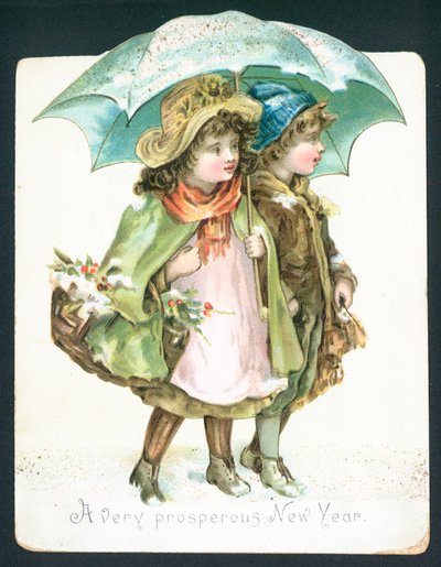 Children walking in snow under umbrella by English School