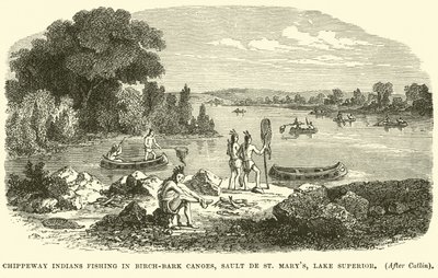 Chippeway Indians fishing in Birch-bark Canoes, Sault de St Marys, Lake Superior by English School