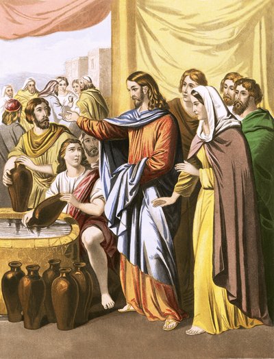 Christ turning water into wine by English School
