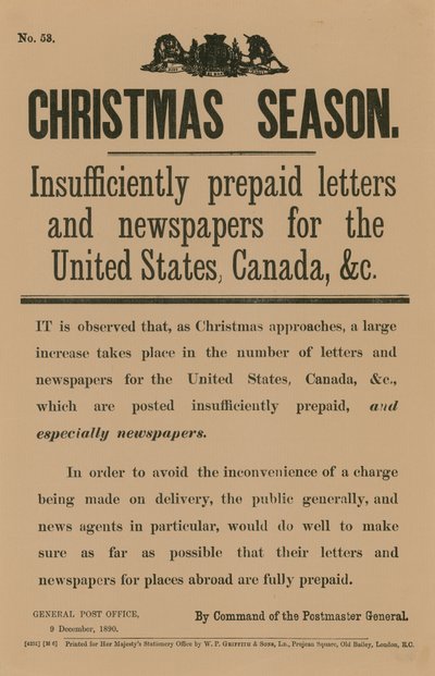 Christmas Postage Notice by Command of the Postmaster General, 9 December 1890 by English School
