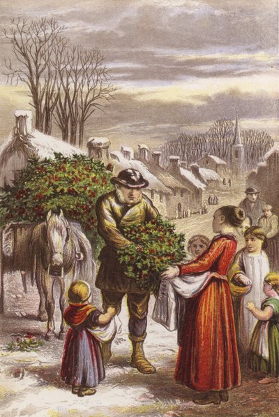 Christmas Time - Selling Holly in a Village Covered in Snow by English School