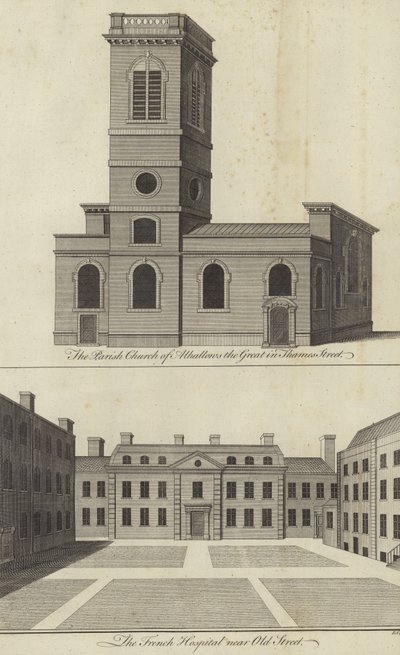 Church of Allhallows the Great, Thames Street and the French Hospital near Old Street, London by English School